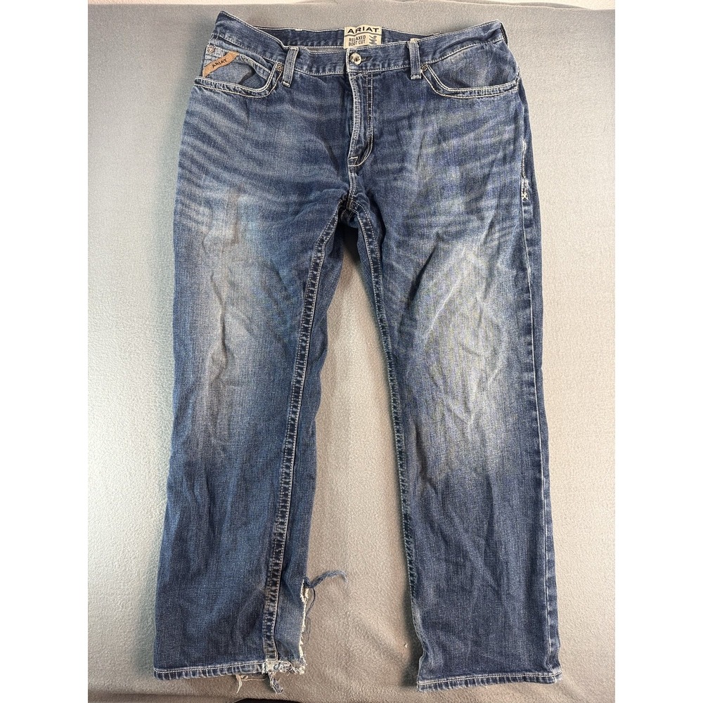 Ariat M4 Relaxed Boot Cut Jeans Mens 40x30 Medium Wash Blue Distressed Denim